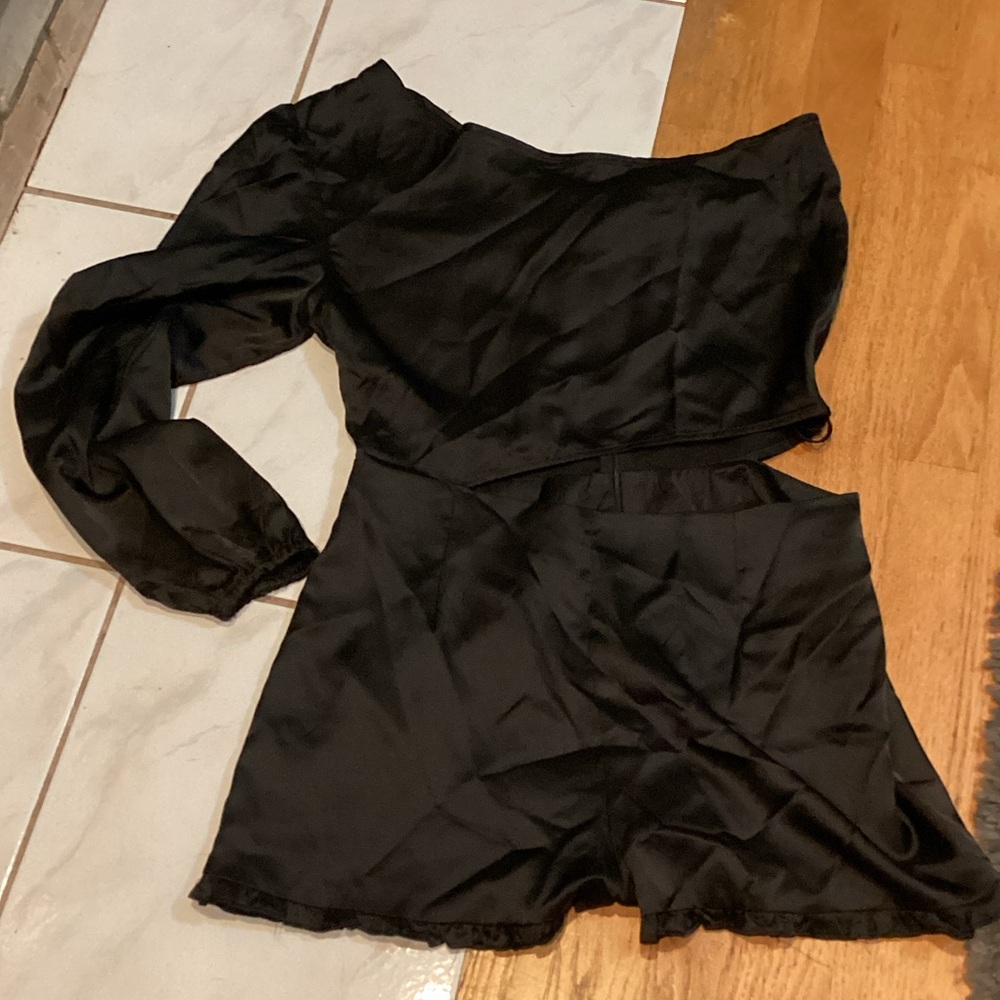 Pink Lily Black sexy, feel split open side satin feel romper
